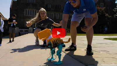 a small orange and blue t-rex robot on concrete steps with people around it