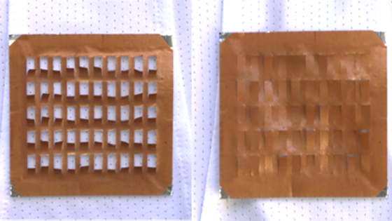 Two pictures of a copper-colored square attached to a white piece of fabric, one with five rows of open vents and the other with the vents closed 