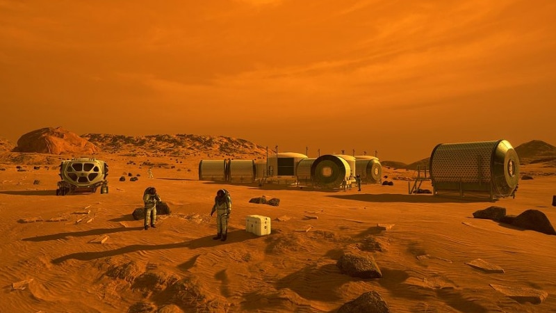 Artist illustration of humans setting up a habitat on Mars