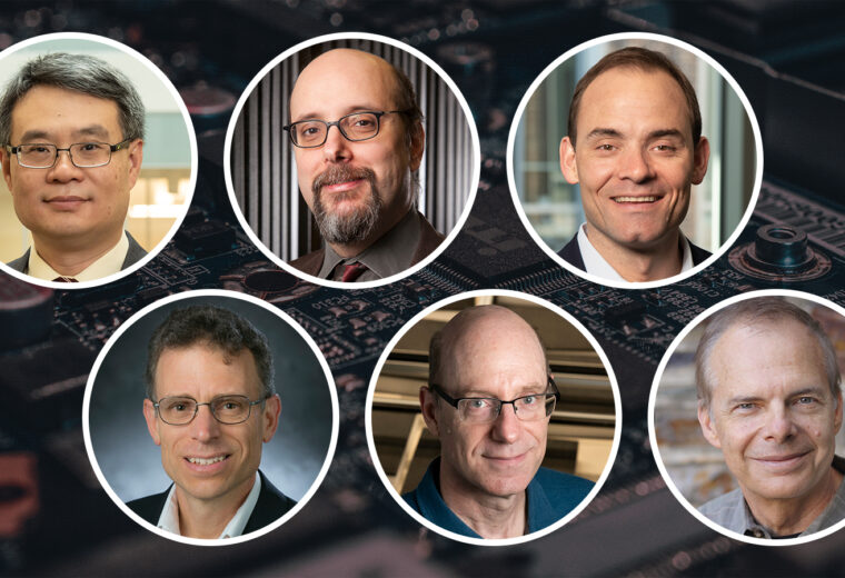 A collage of headshots on top of an image of a microchip