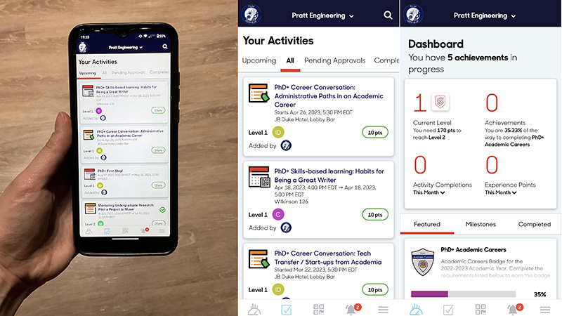 A hand holding a phone and two screenshots of a phone app screen