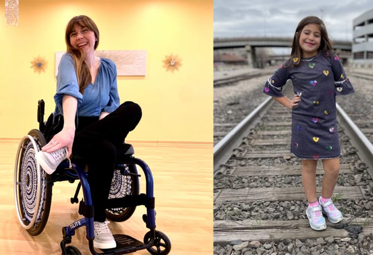 side-by-side images of a person in wheelchair and a child standing on railroad tracks
