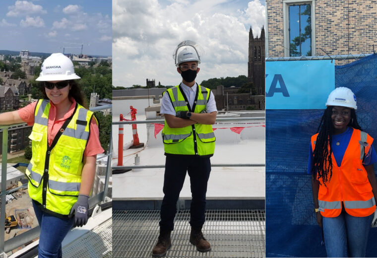 Three students in three separate images standing on construction sites