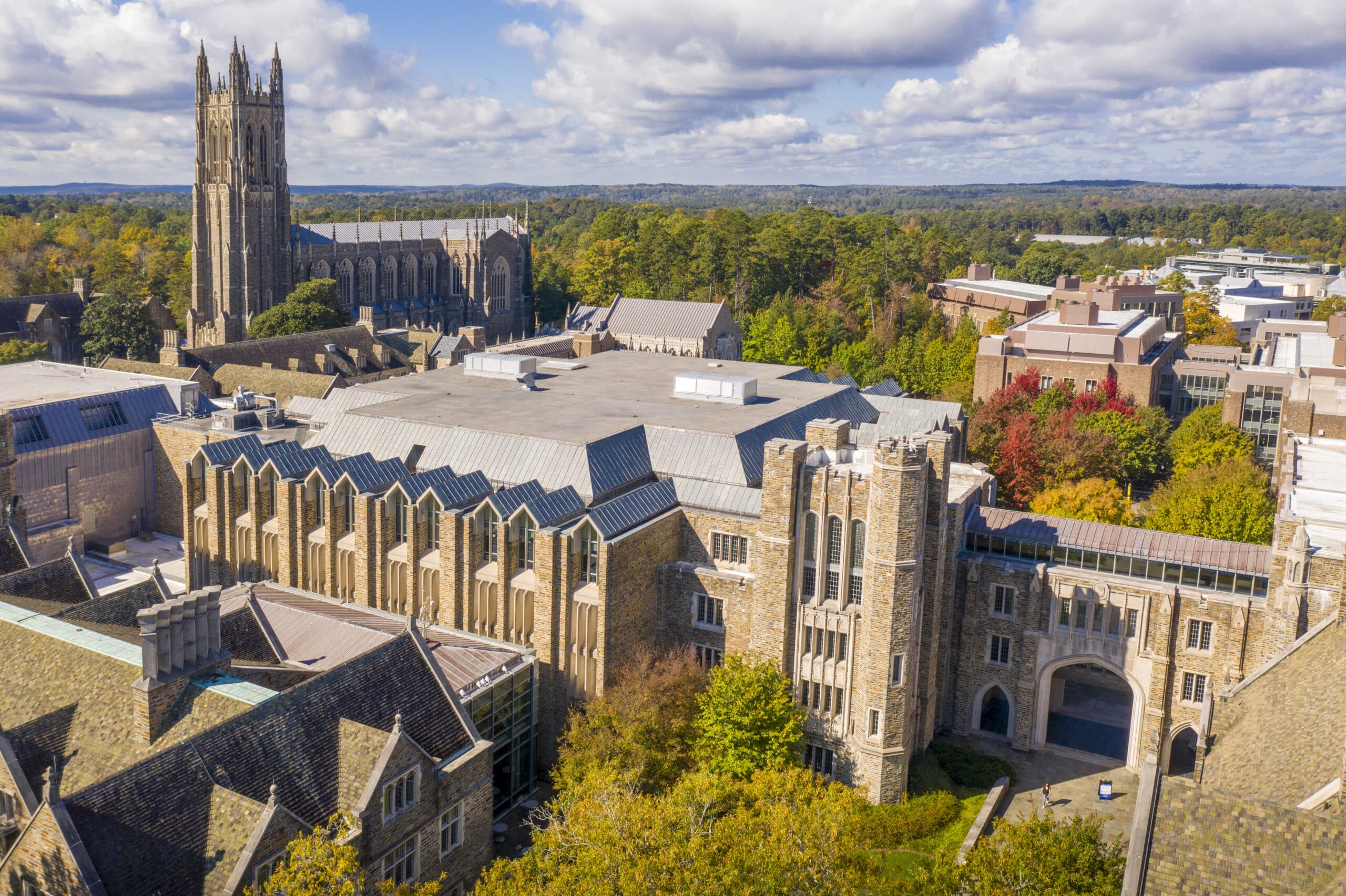 fall aerial view of Duke Chapel with the Fitzpatrick Center in the background